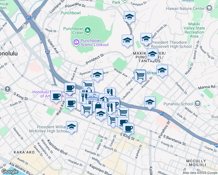 map of restaurants, bars, coffee shops, grocery stores, and more near 1421 Pensacola Street in Honolulu