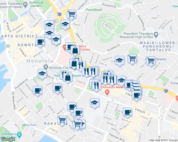 map of restaurants, bars, coffee shops, grocery stores, and more near 1220 Ward Avenue in Honolulu