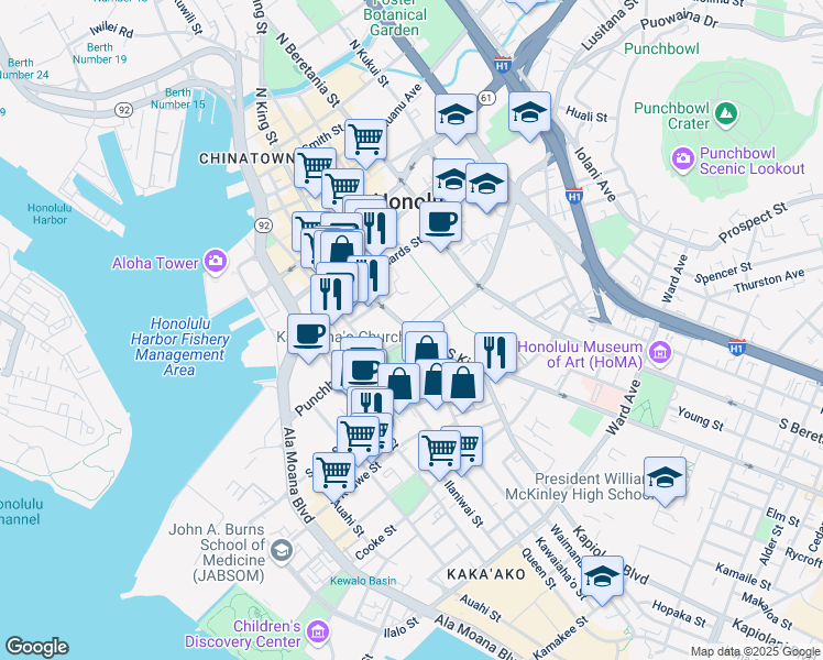 map of restaurants, bars, coffee shops, grocery stores, and more near 957 Punchbowl Street in Honolulu