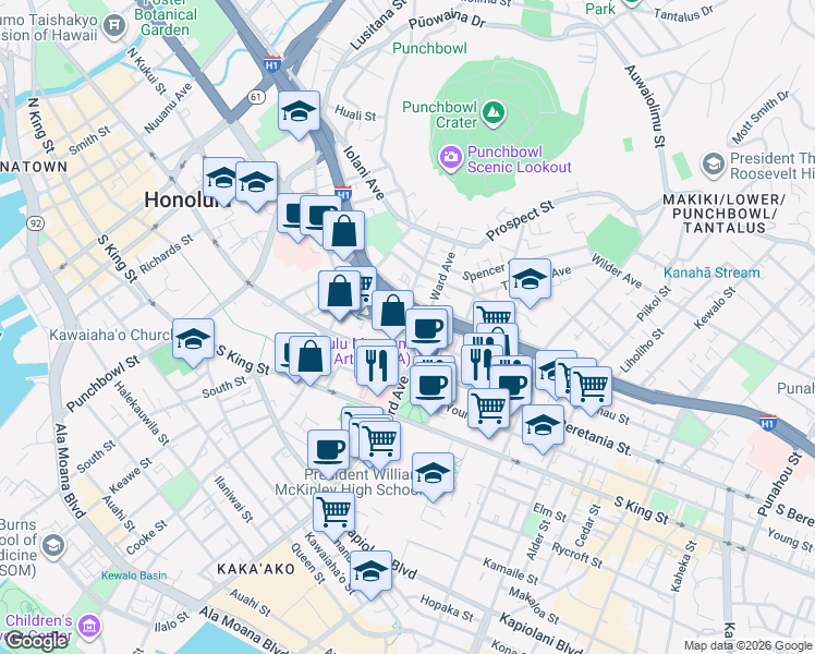 map of restaurants, bars, coffee shops, grocery stores, and more near 814 Kinau Street in Honolulu