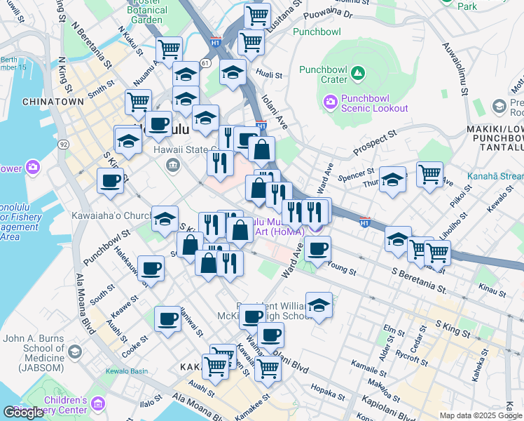 map of restaurants, bars, coffee shops, grocery stores, and more near 701-735 South Beretania Street in Honolulu