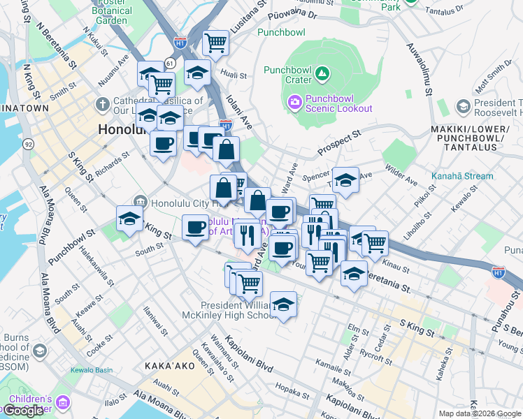 map of restaurants, bars, coffee shops, grocery stores, and more near 775 Kinalau Place in Honolulu