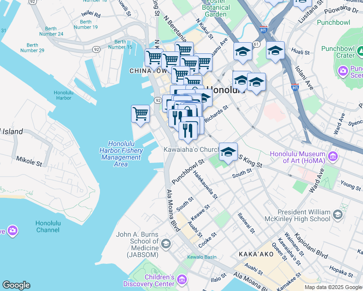 map of restaurants, bars, coffee shops, grocery stores, and more near 333 Merchant Street in Honolulu