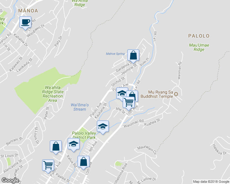 map of restaurants, bars, coffee shops, grocery stores, and more near 2350 Palolo Avenue in Honolulu