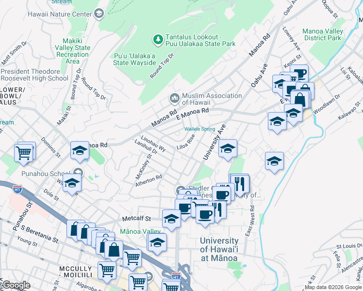 map of restaurants, bars, coffee shops, grocery stores, and more near 2140 Mohala Way in Honolulu