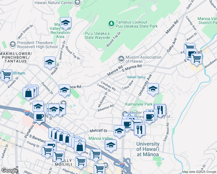map of restaurants, bars, coffee shops, grocery stores, and more near 2018 Linohau Way in Honolulu