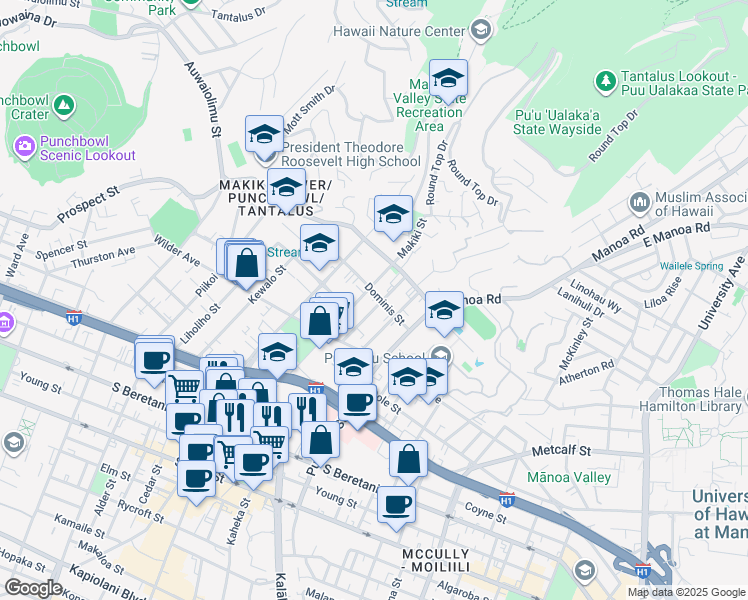 map of restaurants, bars, coffee shops, grocery stores, and more near 1802 Makiki Street in Honolulu