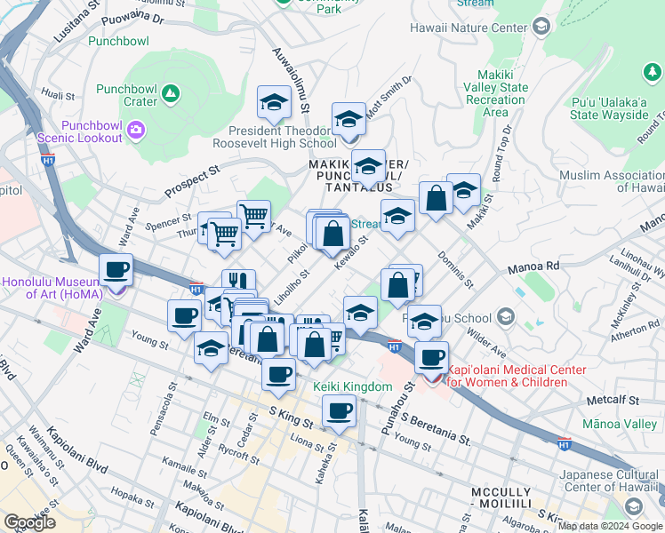 map of restaurants, bars, coffee shops, grocery stores, and more near 1223 Wilder Avenue in Honolulu