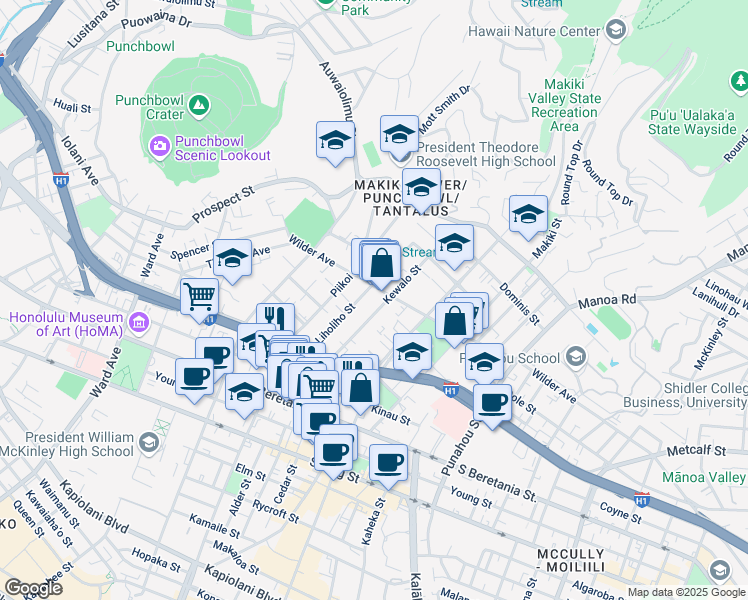 map of restaurants, bars, coffee shops, grocery stores, and more near 1223 Wilder Avenue in Honolulu