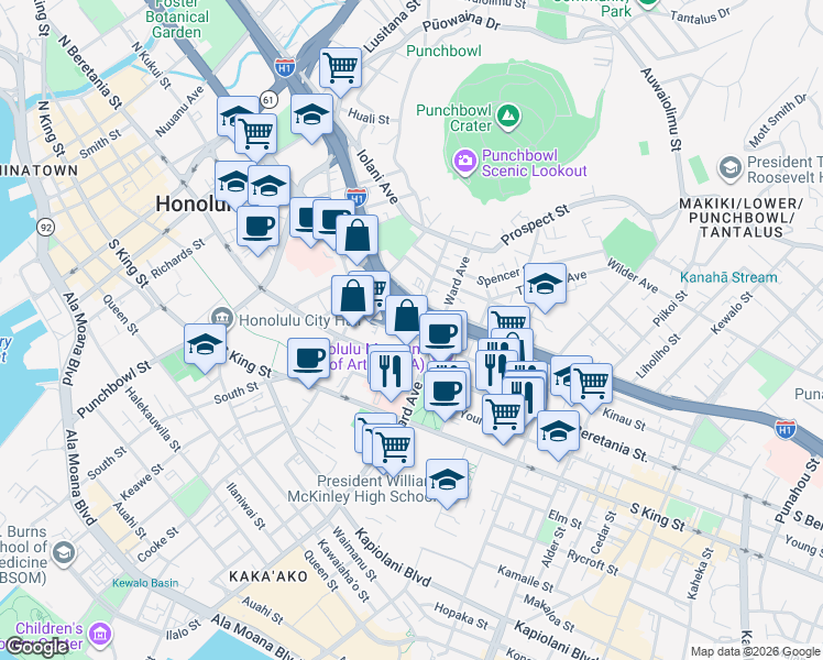 map of restaurants, bars, coffee shops, grocery stores, and more near 775 Kinalau Place in Honolulu