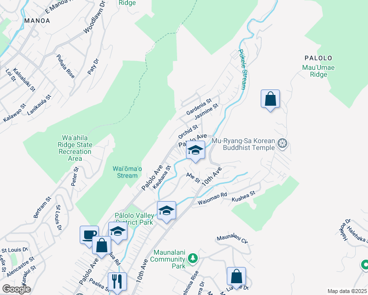 map of restaurants, bars, coffee shops, grocery stores, and more near 2350 Palolo Avenue in Honolulu