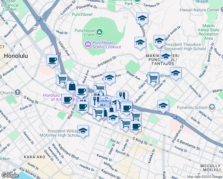 map of restaurants, bars, coffee shops, grocery stores, and more near 1099 Green Street in Honolulu