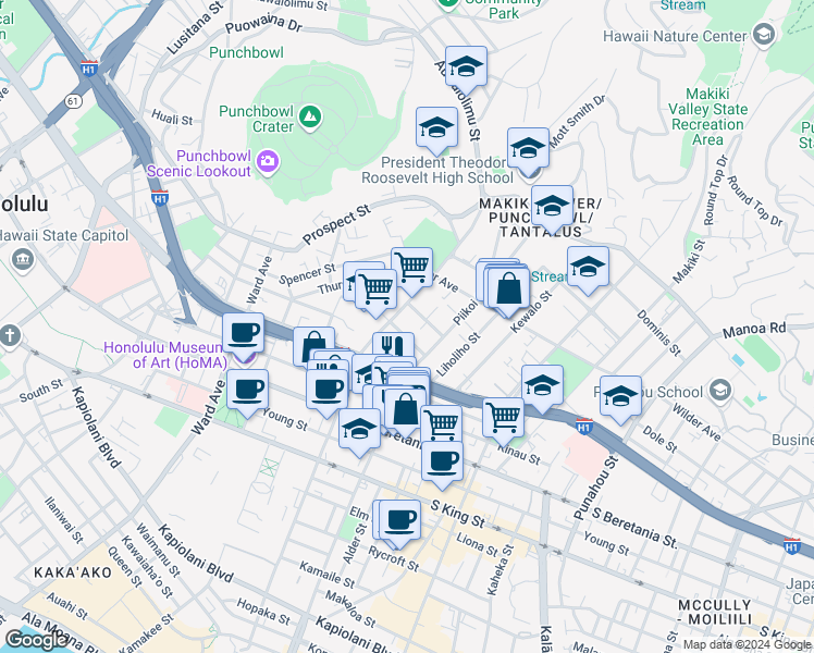 map of restaurants, bars, coffee shops, grocery stores, and more near 1535 Pensacola Street in Honolulu