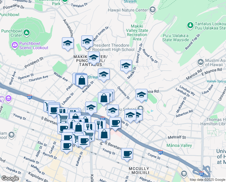 map of restaurants, bars, coffee shops, grocery stores, and more near 1700 Makiki Street in Honolulu