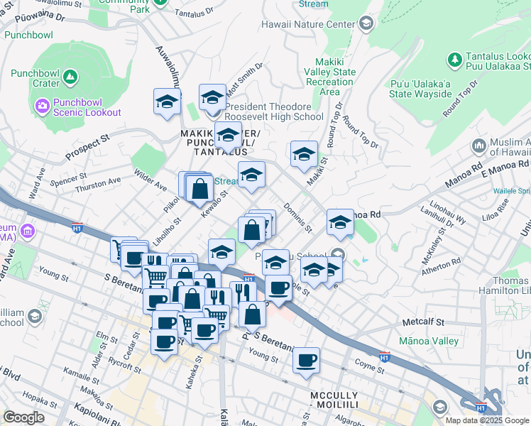 map of restaurants, bars, coffee shops, grocery stores, and more near 1707 Ke’eaumoku Street in Honolulu