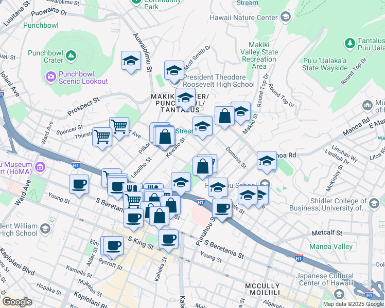 map of restaurants, bars, coffee shops, grocery stores, and more near 1327 Moku Place in Honolulu