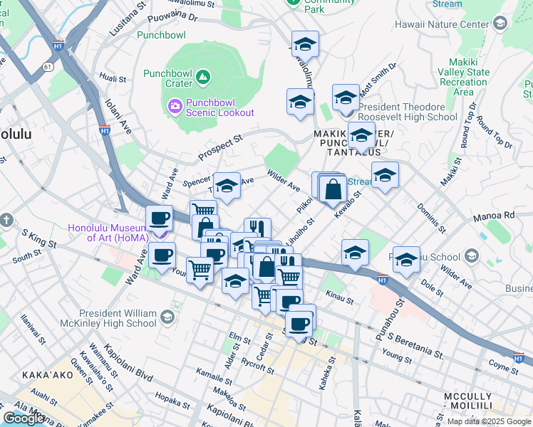 map of restaurants, bars, coffee shops, grocery stores, and more near 1535 Pensacola Street in Honolulu