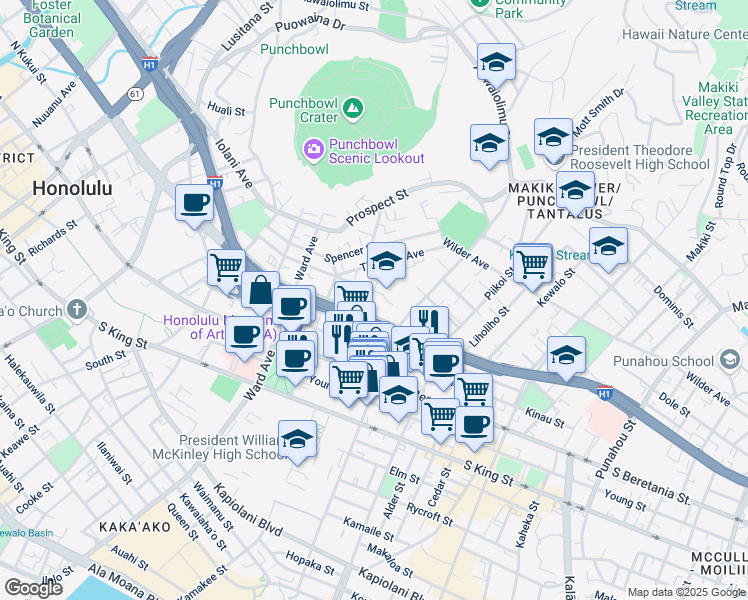 map of restaurants, bars, coffee shops, grocery stores, and more near 1058 Green Street in Honolulu
