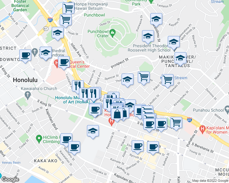 map of restaurants, bars, coffee shops, grocery stores, and more near 1015 Green Street in Honolulu