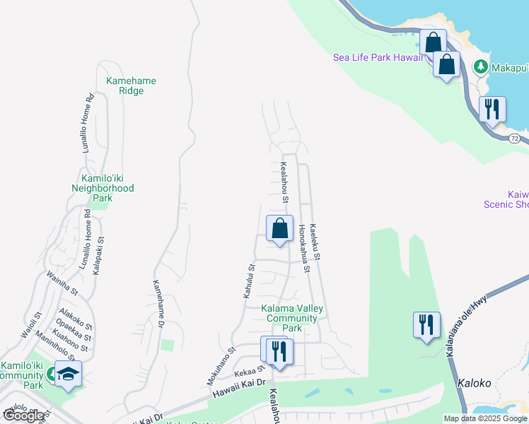 map of restaurants, bars, coffee shops, grocery stores, and more near 1277 Pihana Street in Honolulu