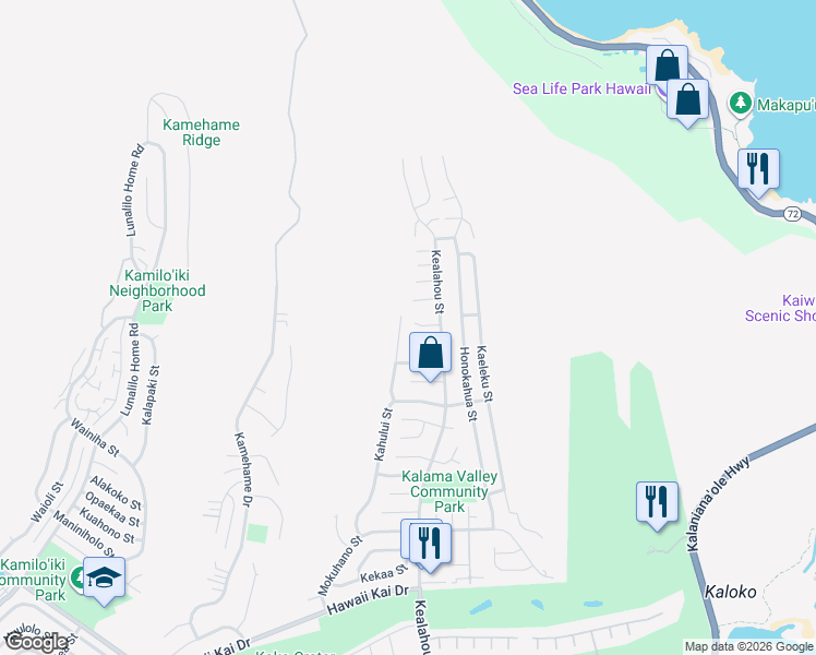 map of restaurants, bars, coffee shops, grocery stores, and more near 1277 Pihana Street in Honolulu