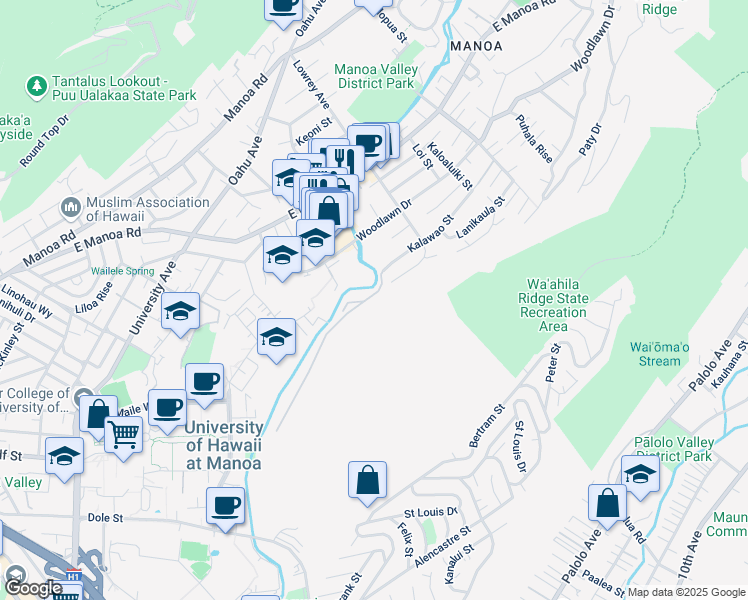 map of restaurants, bars, coffee shops, grocery stores, and more near 2916 Kalawao Street in Honolulu