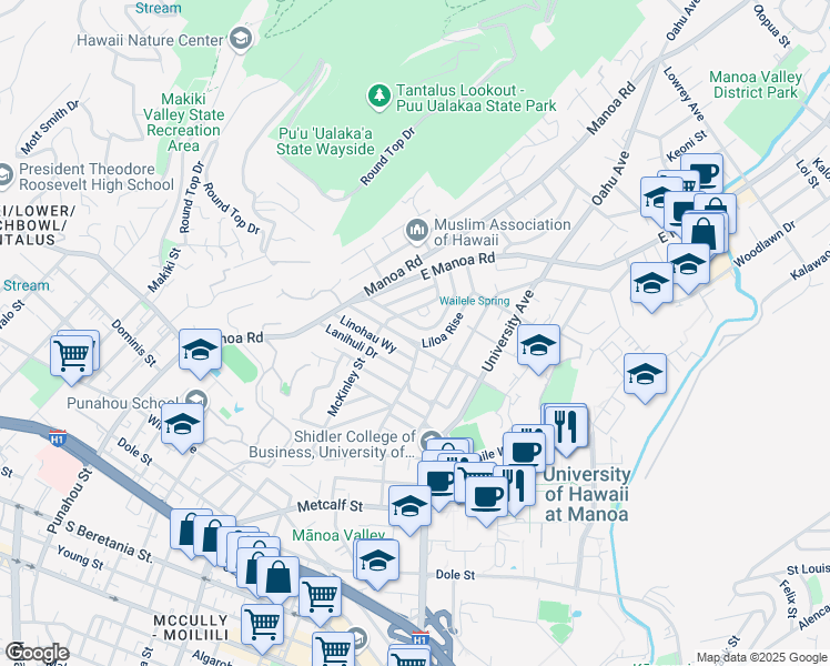 map of restaurants, bars, coffee shops, grocery stores, and more near 2140 Mohala Way in Honolulu