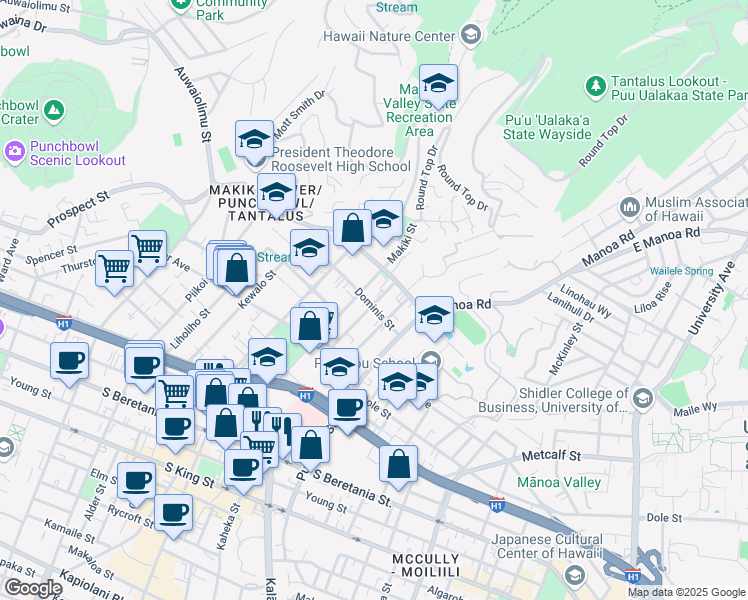map of restaurants, bars, coffee shops, grocery stores, and more near 1802 Makiki Street in Honolulu