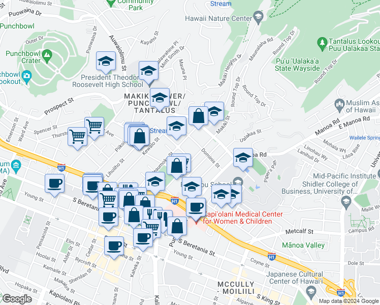 map of restaurants, bars, coffee shops, grocery stores, and more near 1707 Ke’eaumoku Street in Honolulu