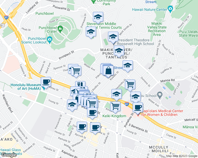 map of restaurants, bars, coffee shops, grocery stores, and more near 1150 Piikoi Place in Honolulu