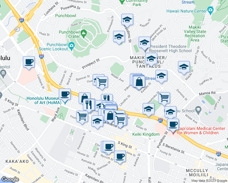 map of restaurants, bars, coffee shops, grocery stores, and more near 1535 Pensacola Street in Honolulu