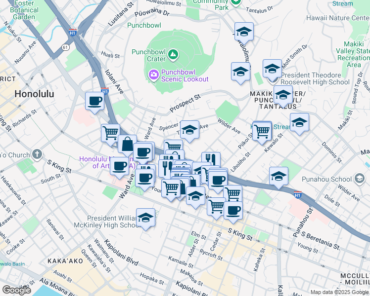 map of restaurants, bars, coffee shops, grocery stores, and more near 1058 Green Street in Honolulu
