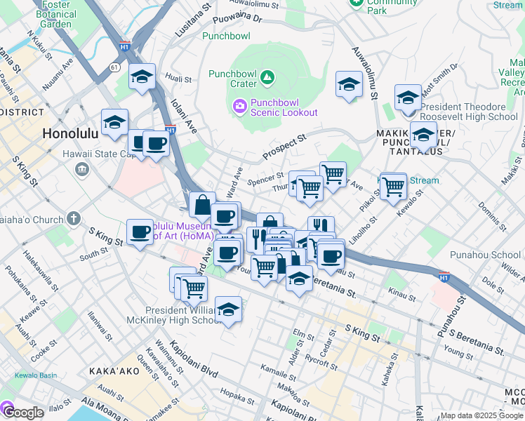 map of restaurants, bars, coffee shops, grocery stores, and more near 1015 Green Street in Honolulu