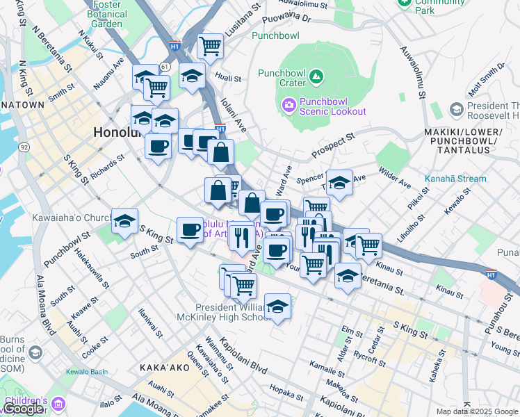 map of restaurants, bars, coffee shops, grocery stores, and more near 775 Kinalau Place in Honolulu