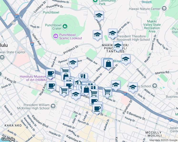 map of restaurants, bars, coffee shops, grocery stores, and more near 1127 Davenport Street in Honolulu