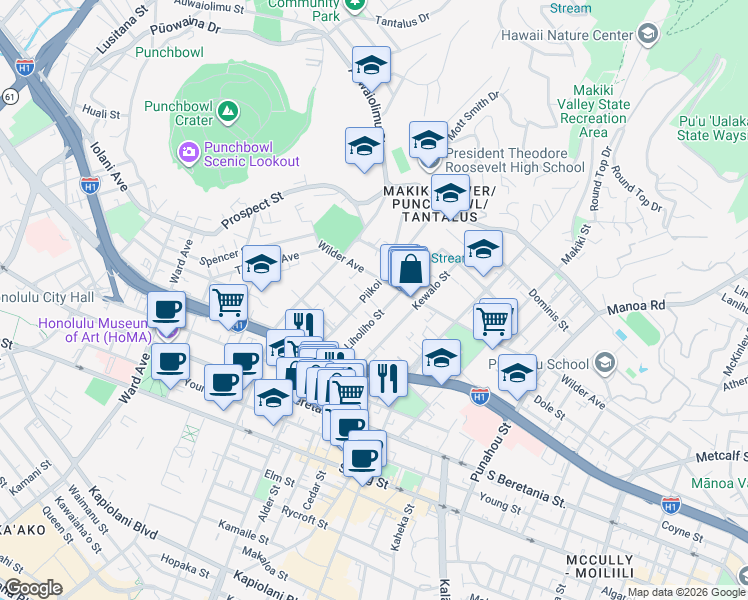map of restaurants, bars, coffee shops, grocery stores, and more near 1150 Piikoi Place in Honolulu