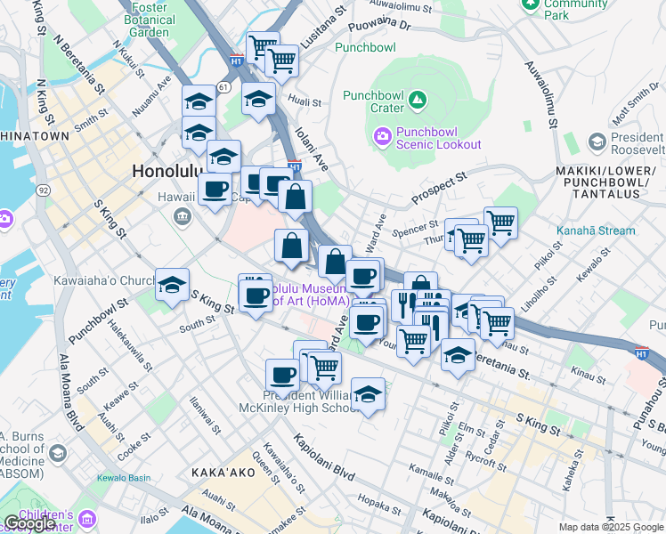 map of restaurants, bars, coffee shops, grocery stores, and more near 775 Kinalau Place in Honolulu