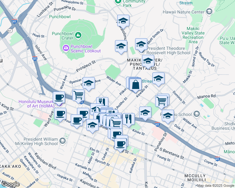 map of restaurants, bars, coffee shops, grocery stores, and more near 1150 Piikoi Place in Honolulu
