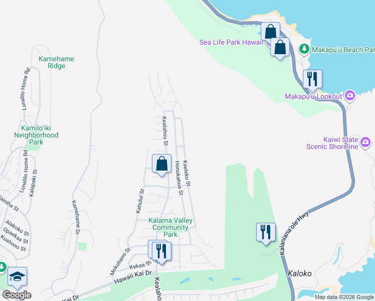 map of restaurants, bars, coffee shops, grocery stores, and more near 1341-1345 Kaeleku St in Honolulu