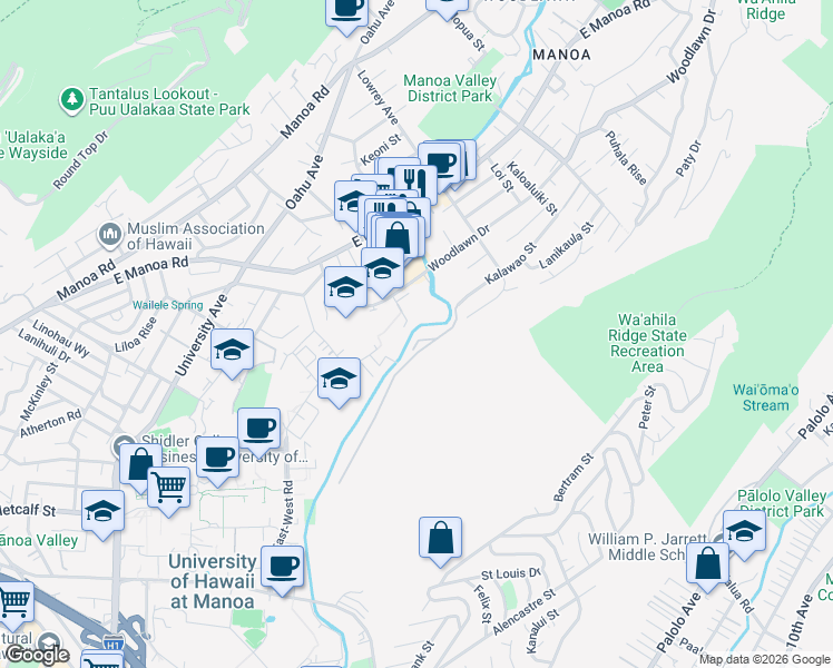 map of restaurants, bars, coffee shops, grocery stores, and more near 2916 Kalawao Street in Honolulu