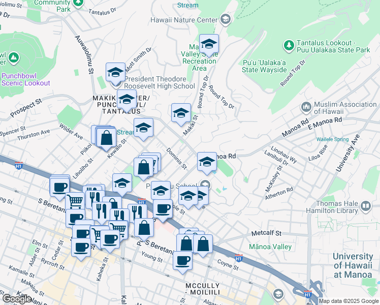 map of restaurants, bars, coffee shops, grocery stores, and more near 1533 Nehoa Street in Honolulu