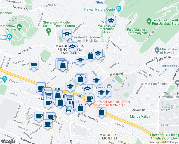 map of restaurants, bars, coffee shops, grocery stores, and more near 1802 Makiki Street in Honolulu