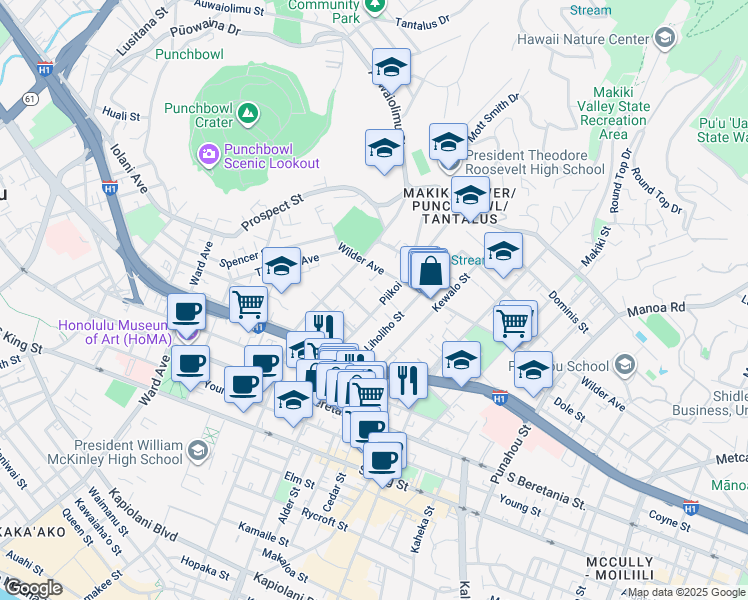 map of restaurants, bars, coffee shops, grocery stores, and more near 1150 Piikoi Place in Honolulu