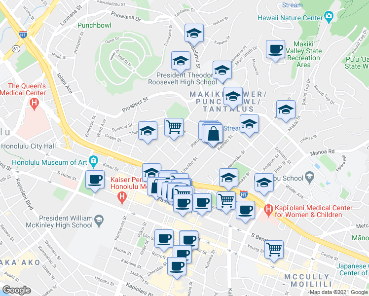map of restaurants, bars, coffee shops, grocery stores, and more near 1150 Piikoi Place in Honolulu