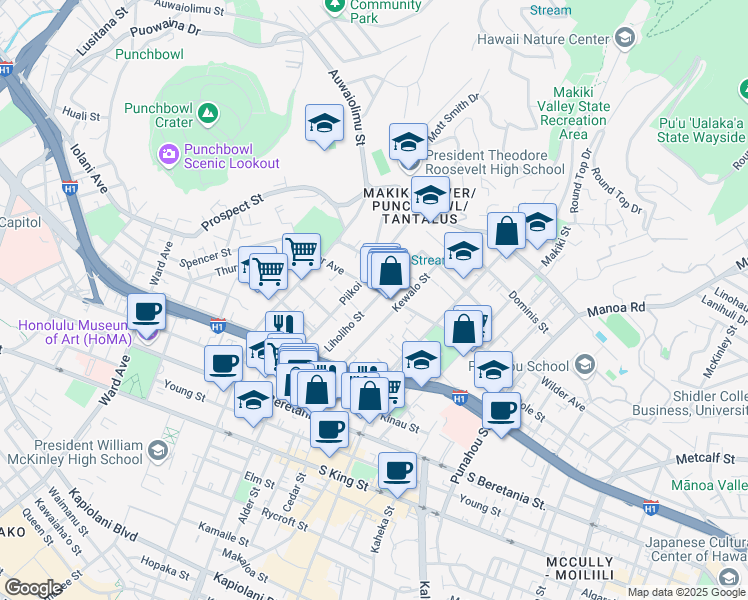 map of restaurants, bars, coffee shops, grocery stores, and more near 1576 Liholiho Street in Honolulu