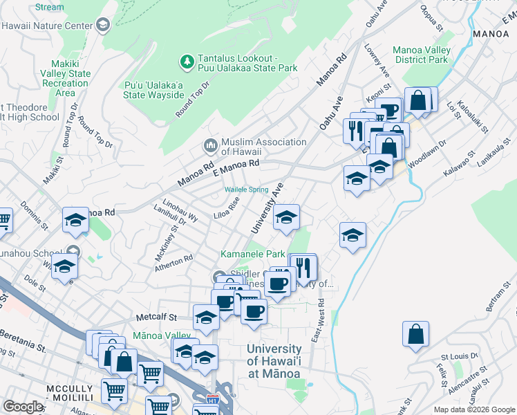 map of restaurants, bars, coffee shops, grocery stores, and more near 2317 Armstrong Street in Honolulu