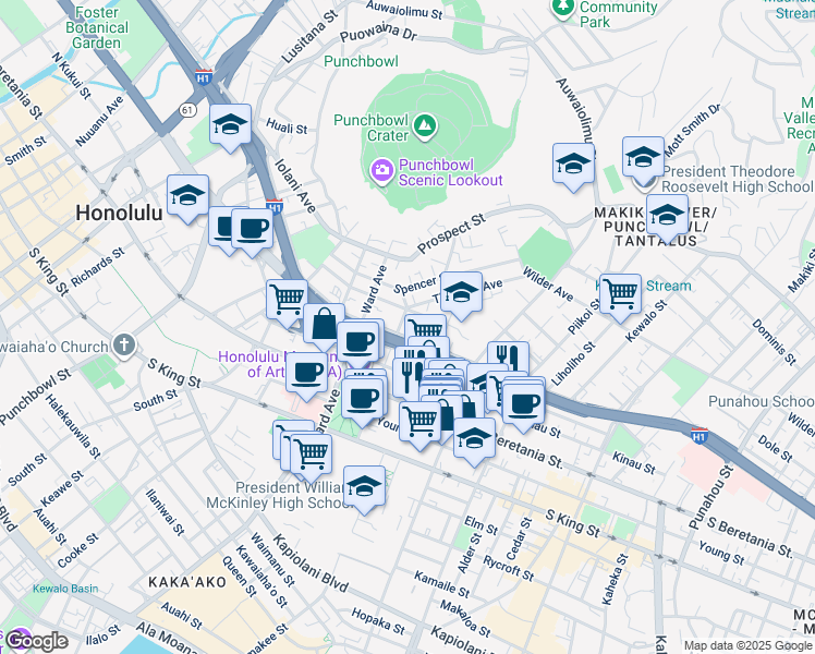 map of restaurants, bars, coffee shops, grocery stores, and more near 1015 Green Street in Honolulu