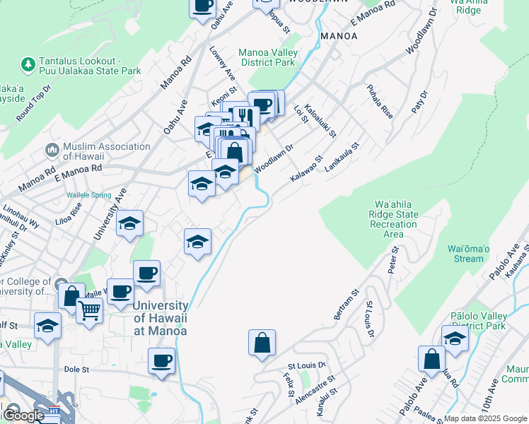 map of restaurants, bars, coffee shops, grocery stores, and more near 2916 Kalawao Street in Honolulu