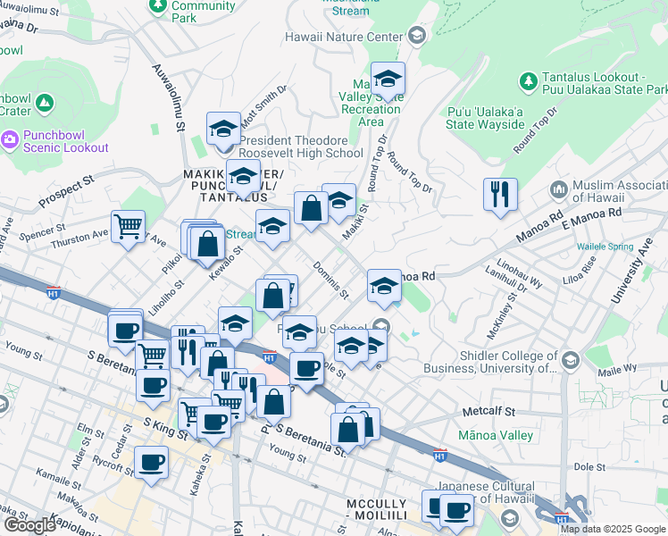 map of restaurants, bars, coffee shops, grocery stores, and more near 1533 Nehoa Street in Honolulu