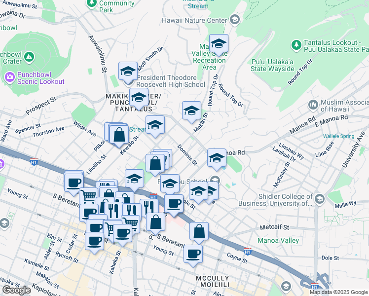 map of restaurants, bars, coffee shops, grocery stores, and more near 1802 Makiki Street in Honolulu